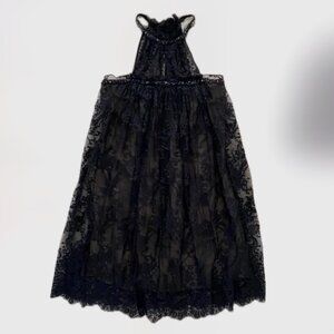 BCBGMaxAzria | Black Lace Silk Rhinestone Embellished Halter Neck Dress (Size 0)